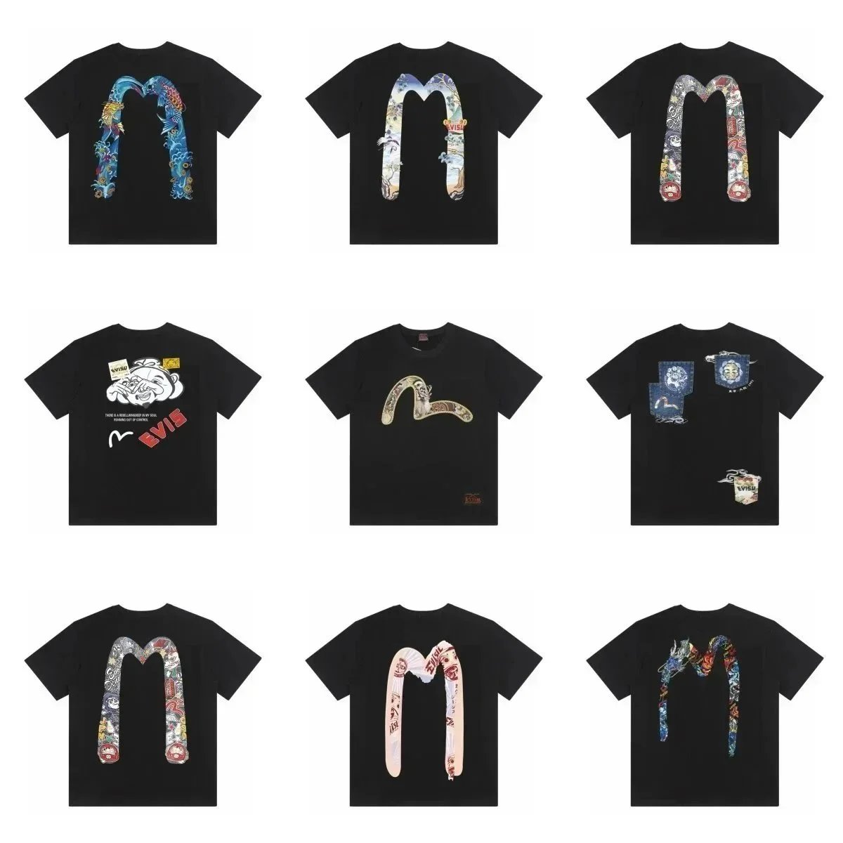 EVISU Black T-Shirts with M Logo & Artistic Prints