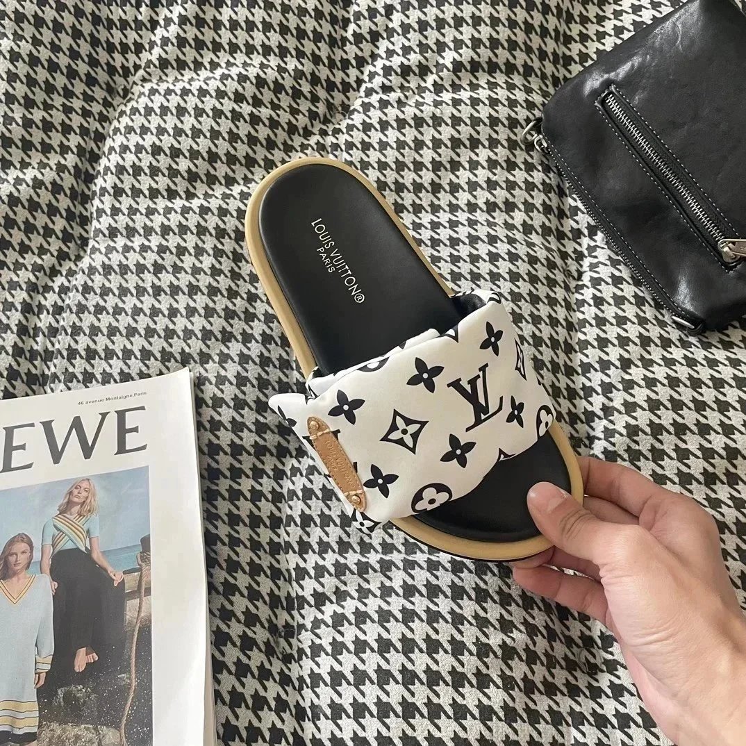 Louis Vuitton Monogram Satin Slide Sandals White Slippers - 5