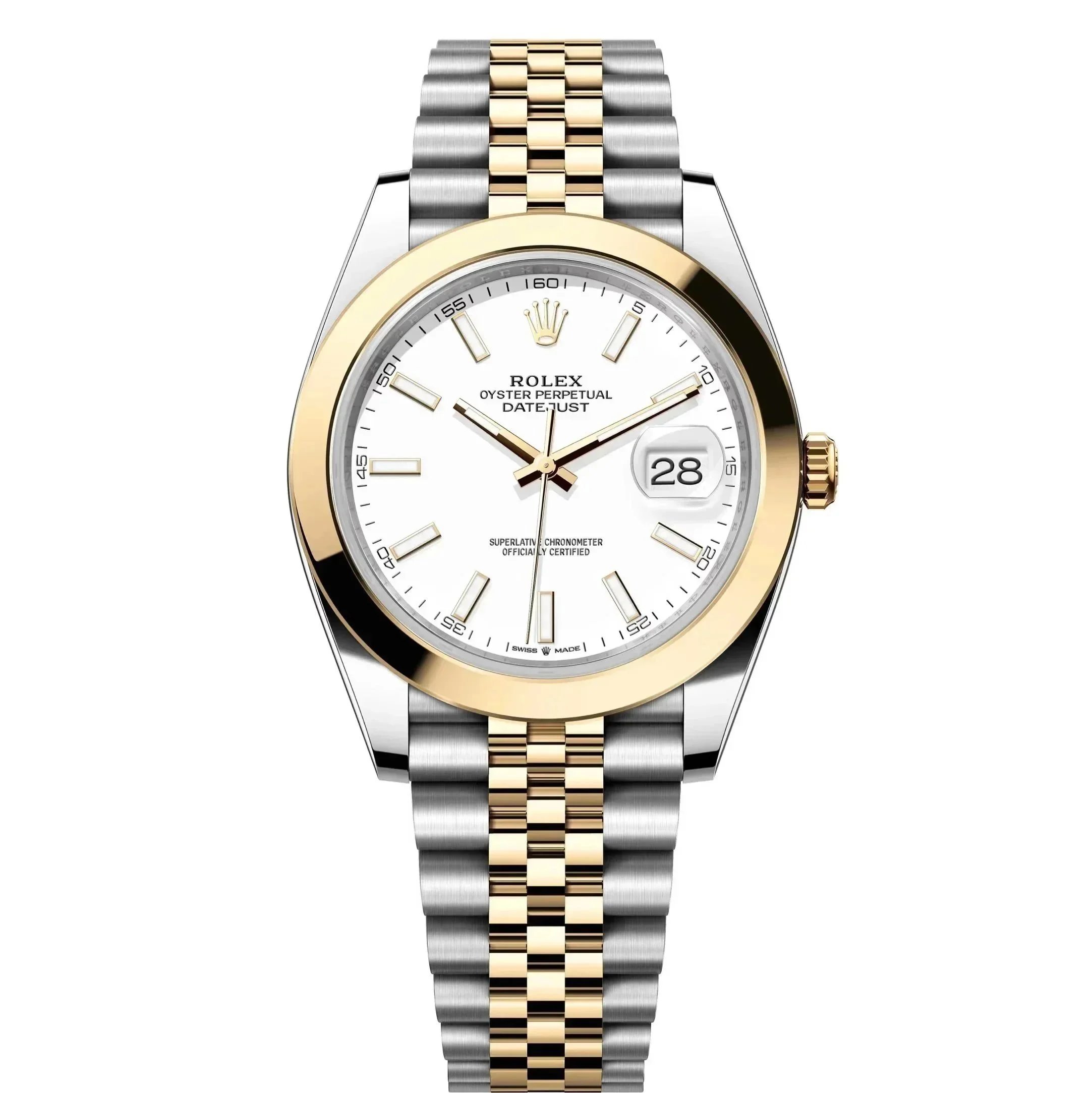 Rolex Datejust and Submariner — Two-Tone Bracelet, White Dial, Baton Markers