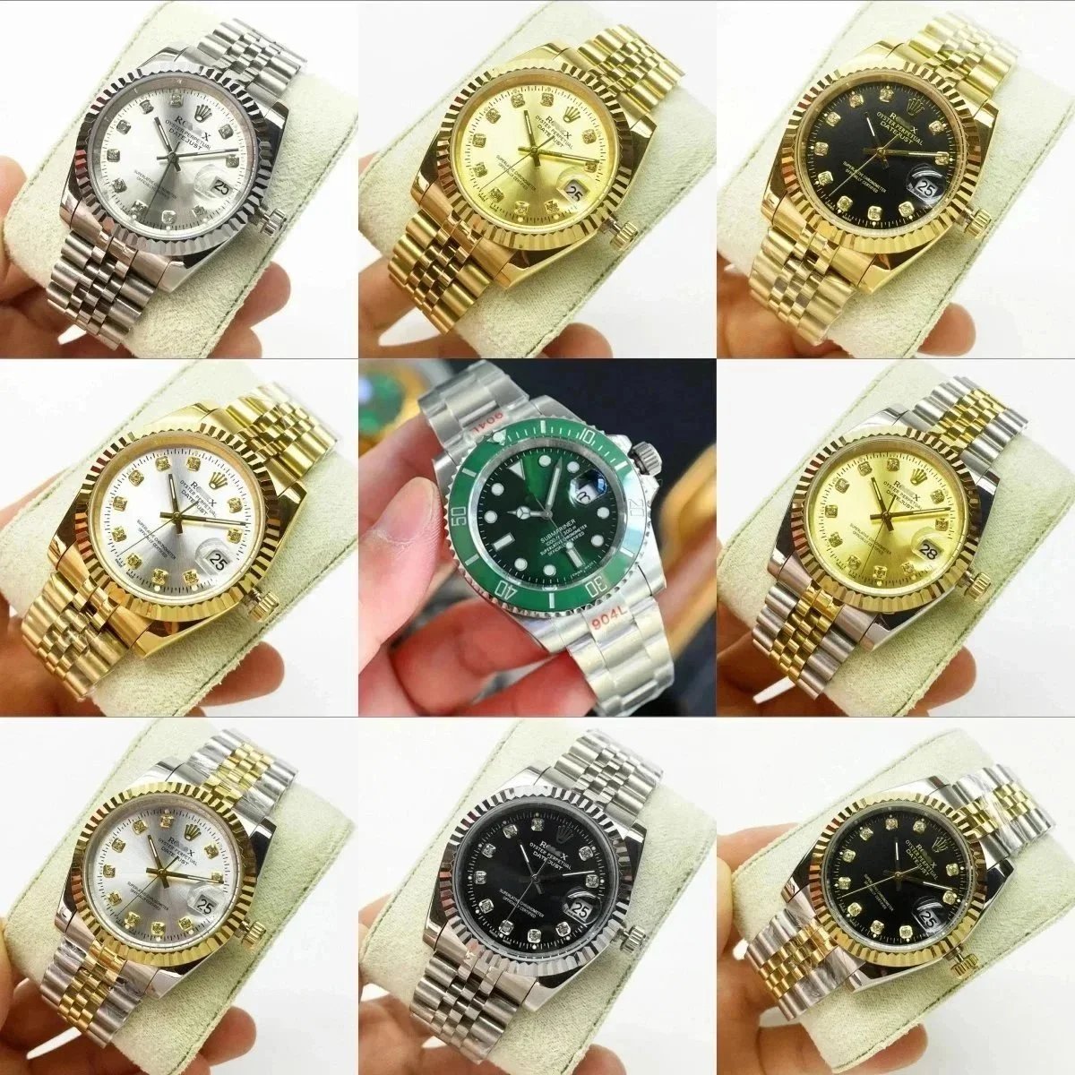 Rolex Collection of luxury wristwatches with metal link bracelets