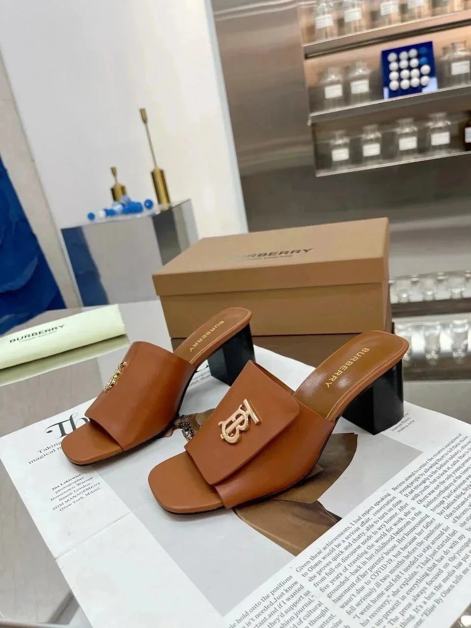 Burberry Monogram-Embossed Block Heel Mules White/Brown - 15