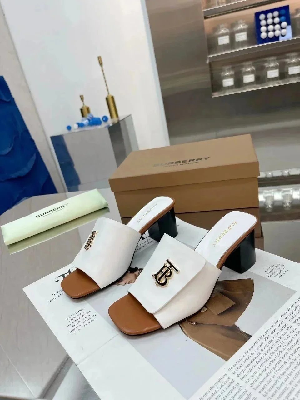 Burberry Monogram-Embossed Block Heel Mules White/Brown - 17