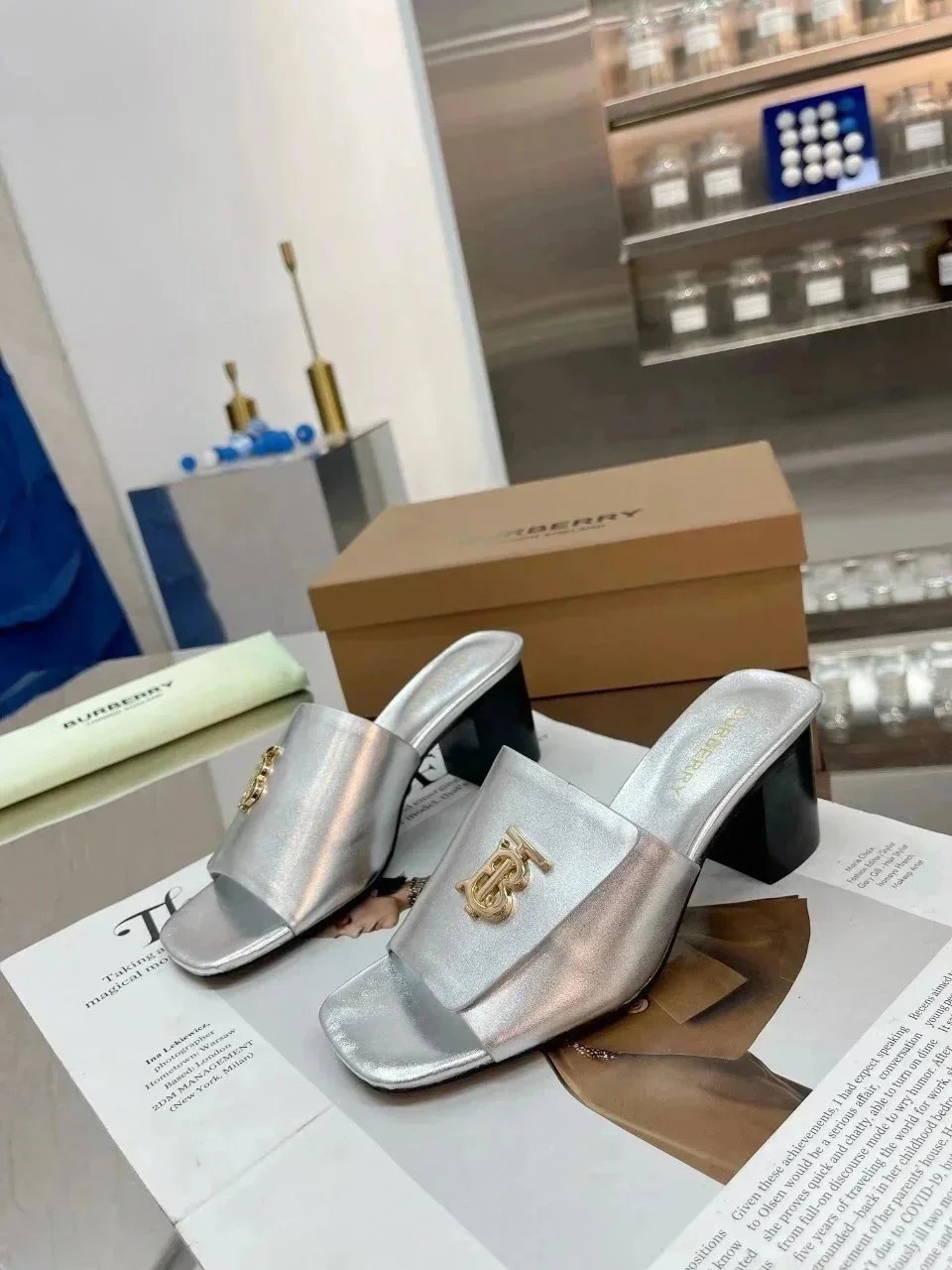 Burberry Monogram-Embossed Block Heel Mules White/Brown - 19