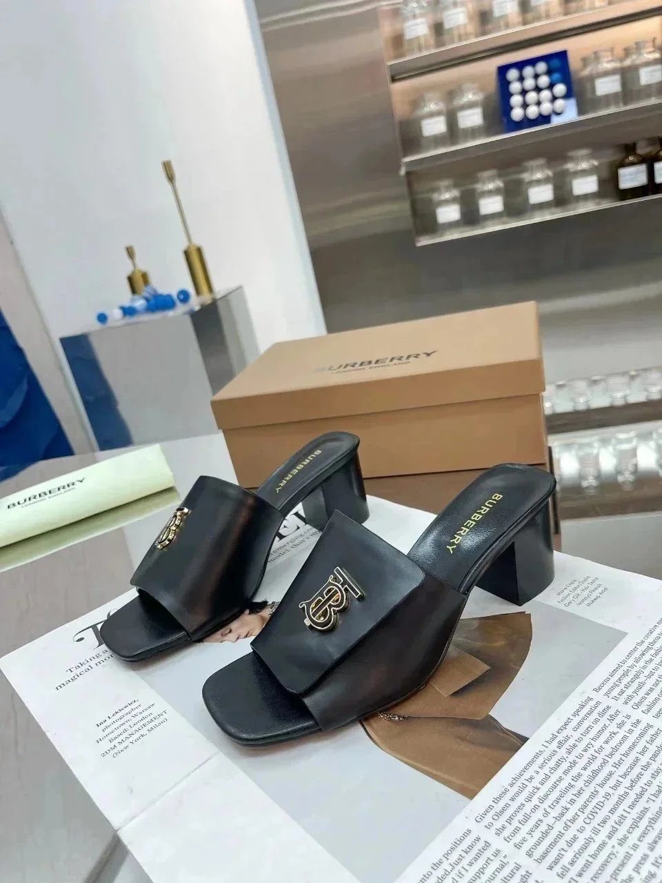 Burberry Monogram-Embossed Block Heel Mules White/Brown - 20