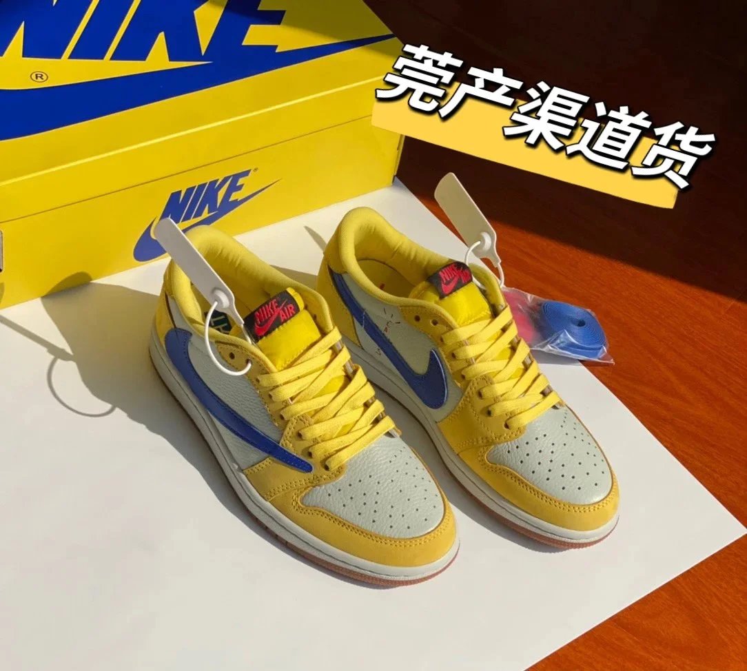 【莞产代购版本】夏日配色 Travis Scott x Jordan/倒钩7.0 黄蓝配色 “Canary Yellow” 联名款低帮倒钩板鞋 AJ1篮球鞋