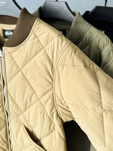 Stussy 8-Ball Quilted Bomber Jacket Beige and Olive Green Outerwear Jacket - 14