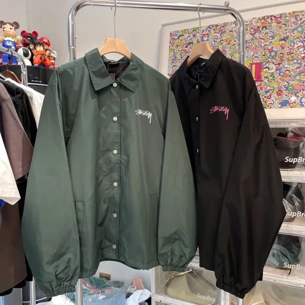 Stussy Script Logo Coach Jacket Forest Green Outerwear - 14