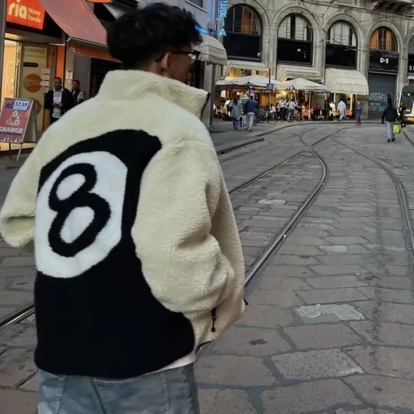 Design 8-Ball Sherpa Jacket Beige and Black Outerwear - 25