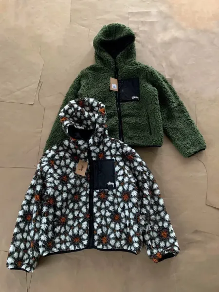 Stussy Fleece Sherpa Hooded Jacket Olive Green Outerwear - 12