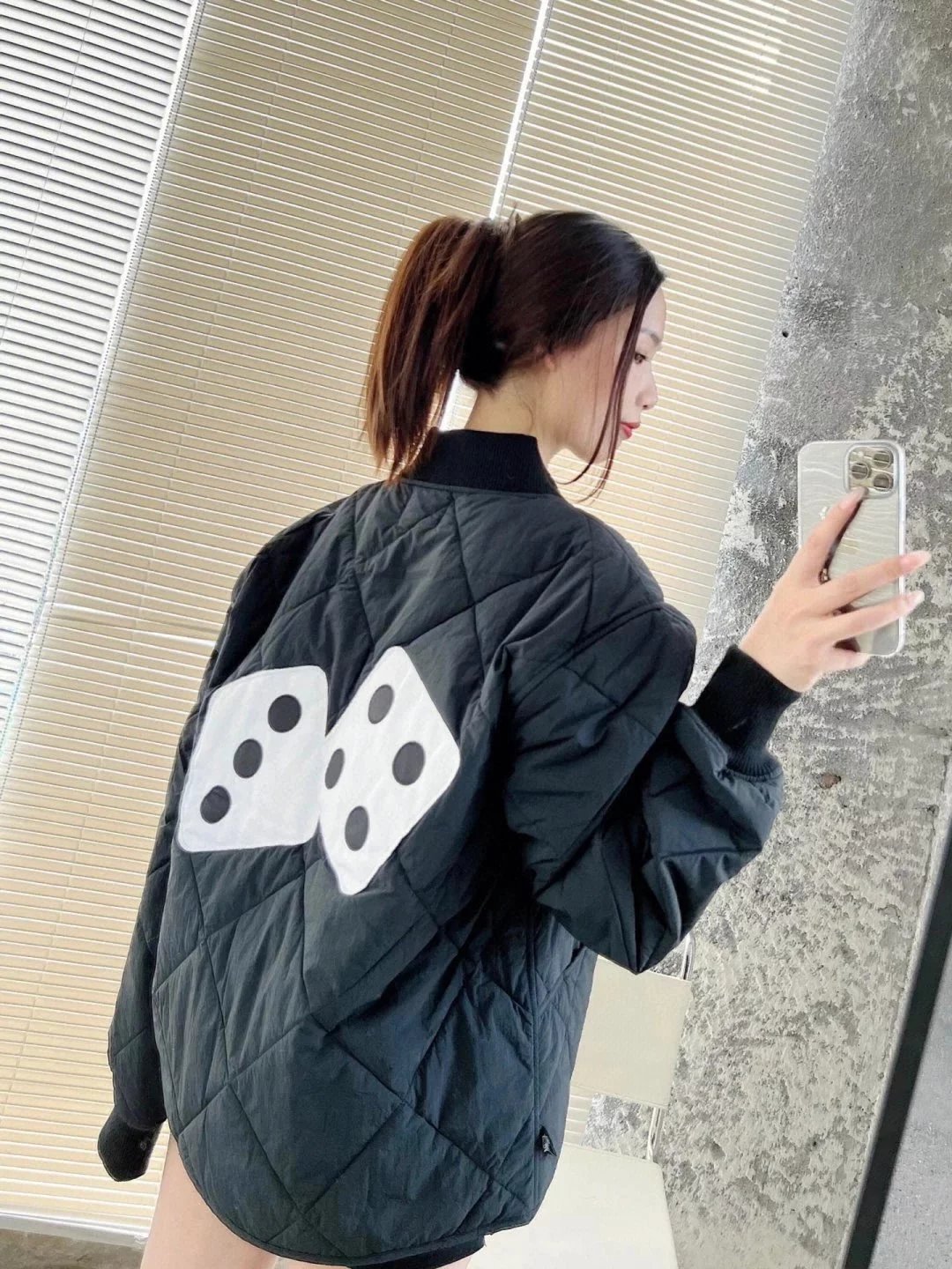 Design Dice Print Quilted Two-Tone Bomber Jacket Outerwear Jacket - 14