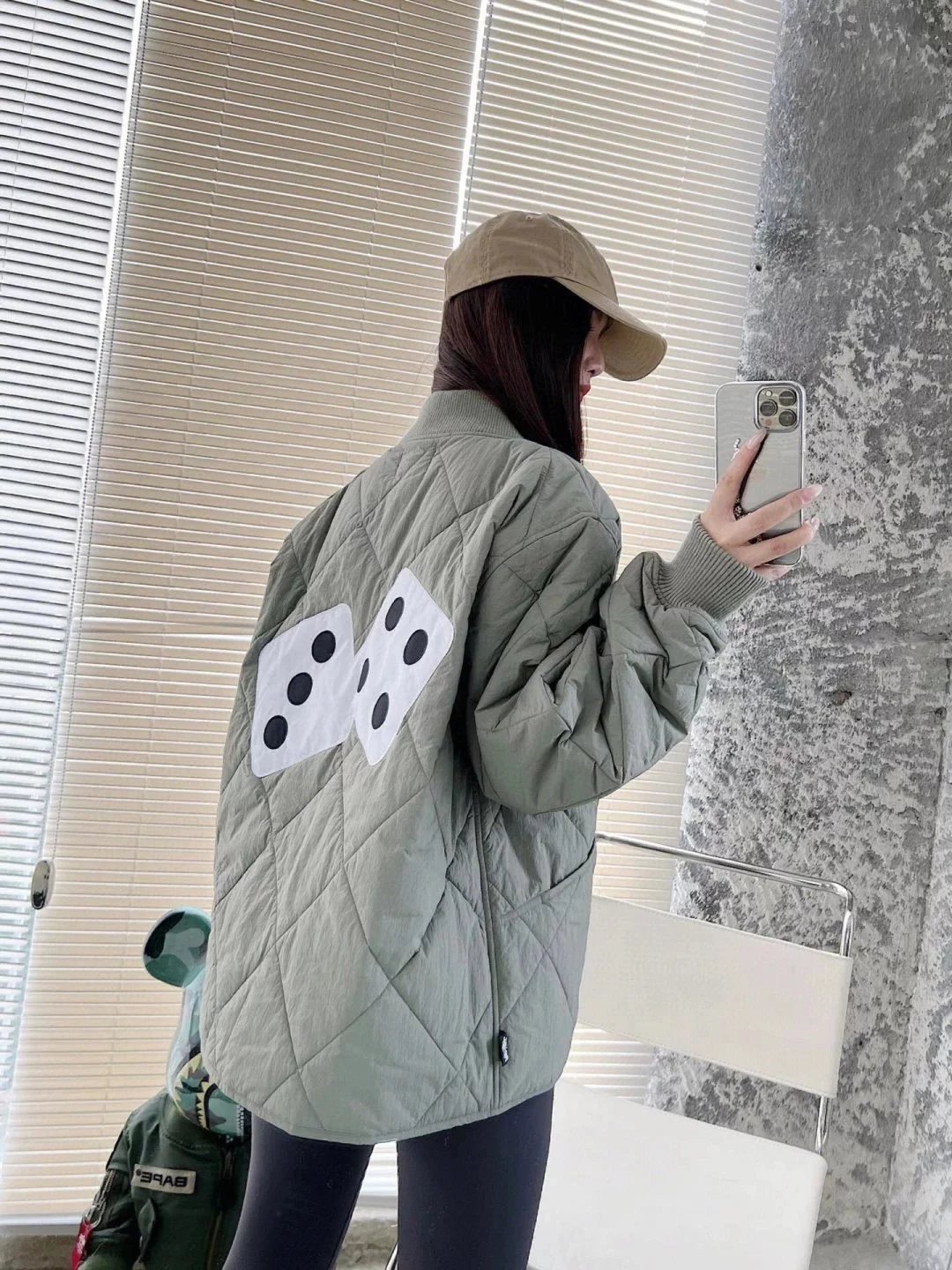 Design Dice Print Quilted Two-Tone Bomber Jacket Outerwear Jacket - 16