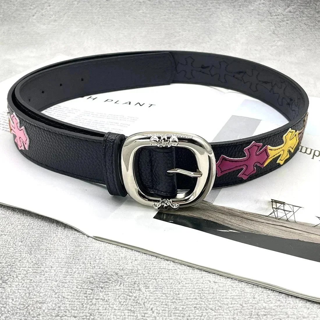 [15 Colored Crosses – Thickened Round Buckle] CH Saint Sword Heart Leather Belt SKU image