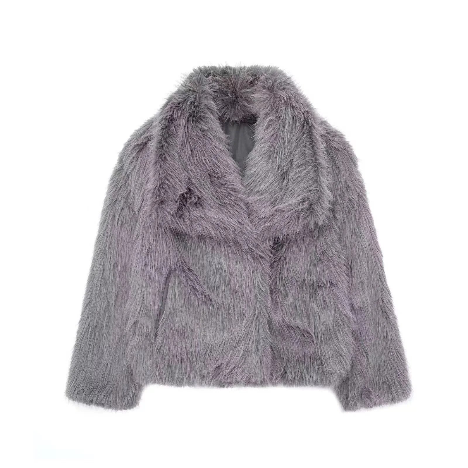 Design Faux Fur Shawl Collar Coat in Lavender Gray Outerwear.coat