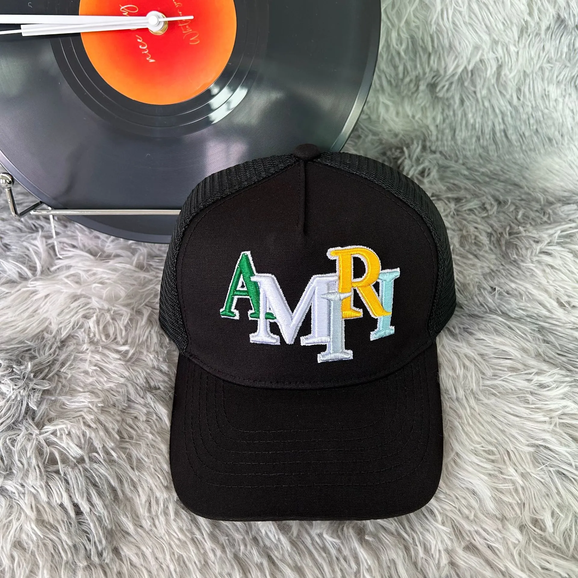 AMIRI Multicolor Stacked Logo Black Trucker Cap