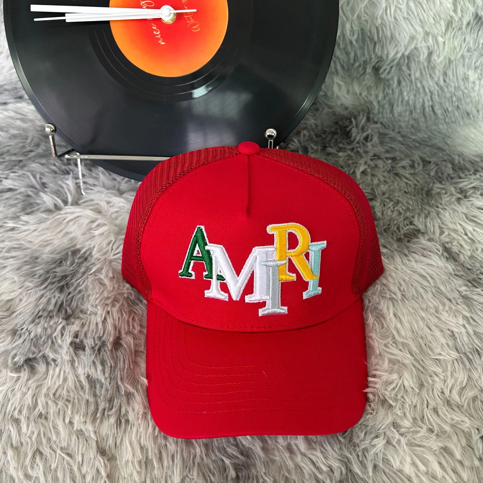 AMIRI Red Multicolor Stacked Logo Trucker Cap