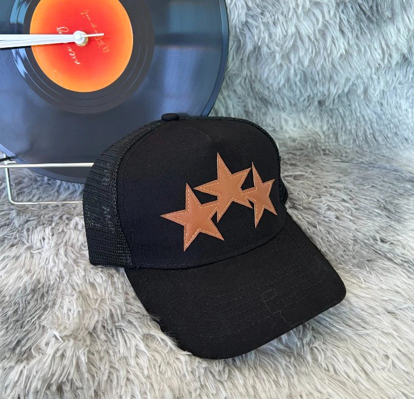 AMIRI Three Brown Leather Star Trucker Cap - rep czapki
