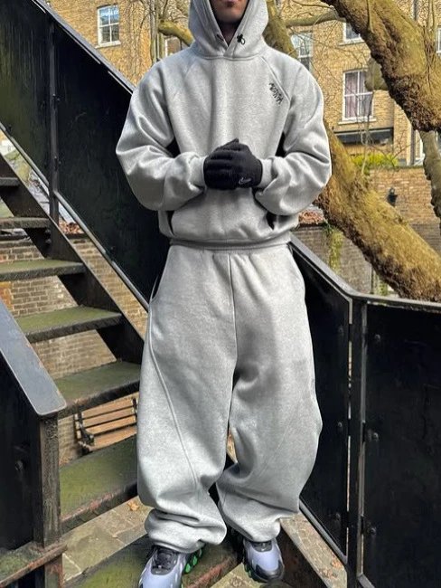 跨境mertra拼接刺绣卫衣卫裤男美式复古宽松男士高街潮牌嘻哈套装 2