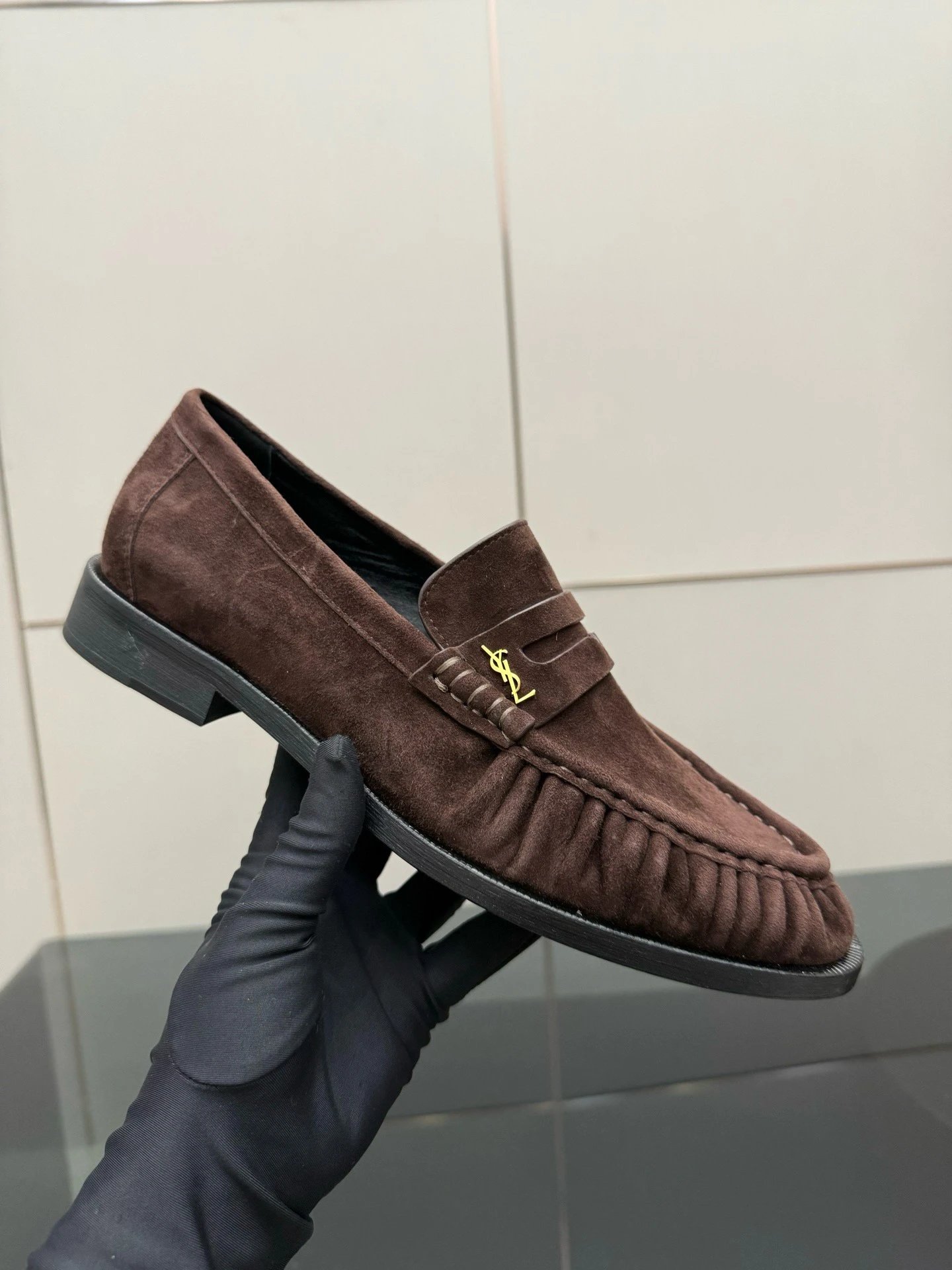 Saint Laurent Leather Shoes YSL Monogram Loafers — Dark brown suede