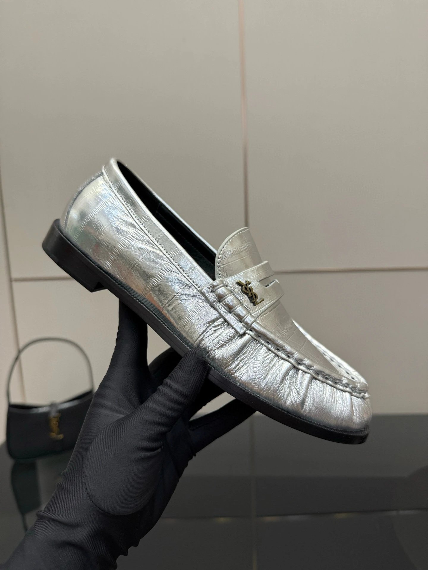 Saint Laurent Leather Shoes YSL Monogram Loafers — Silver cowhide eel pattern