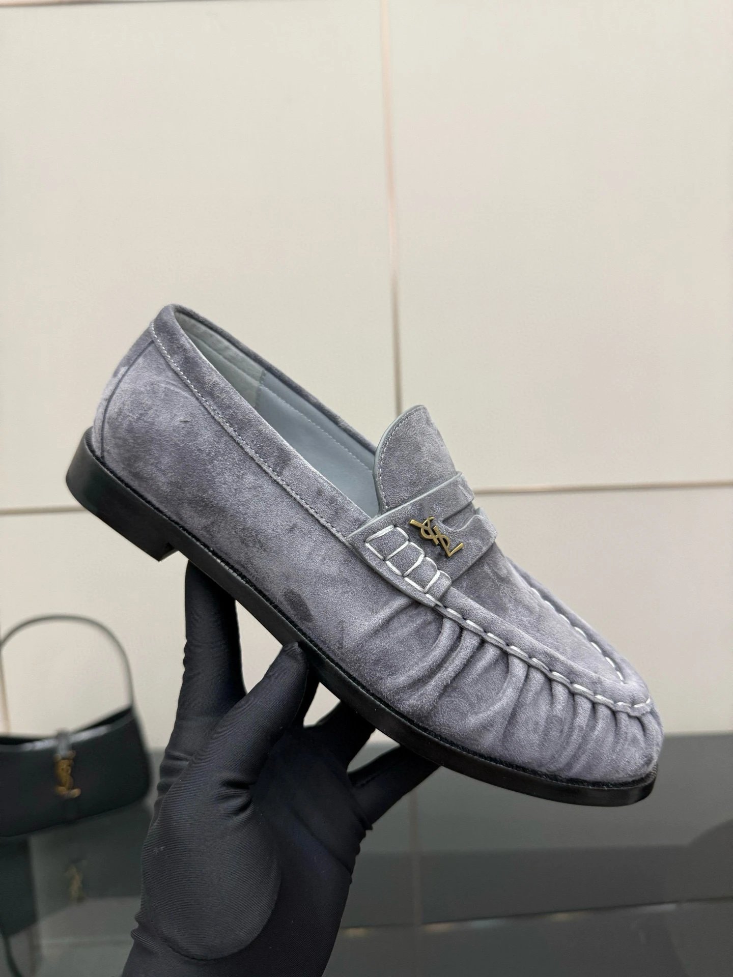 Saint Laurent Leather Shoes YSL Monogram Loafers — Gray deerskin