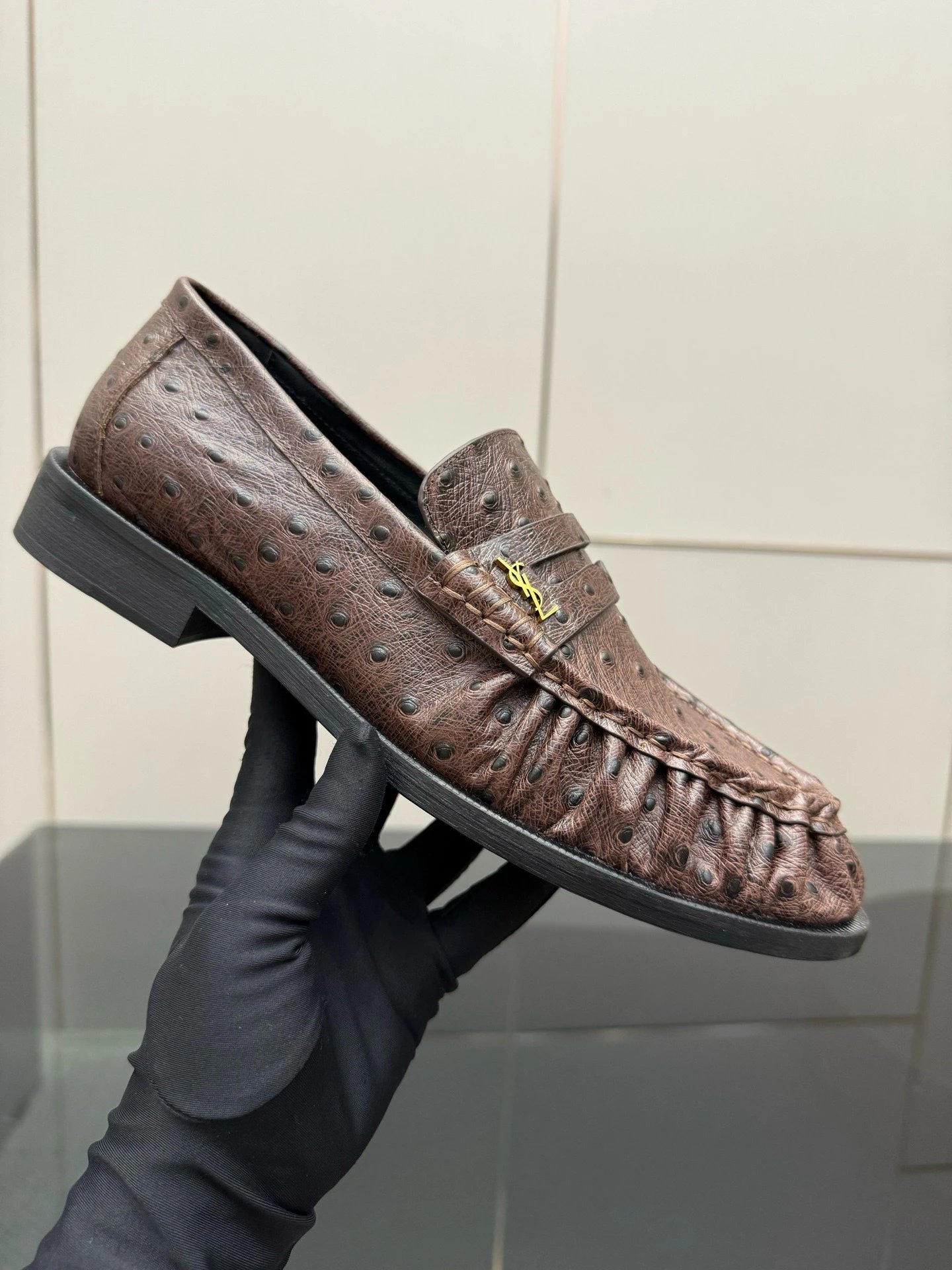 Saint Laurent Leather Shoes YSL Monogram Loafers — Dark brown crocodile leather