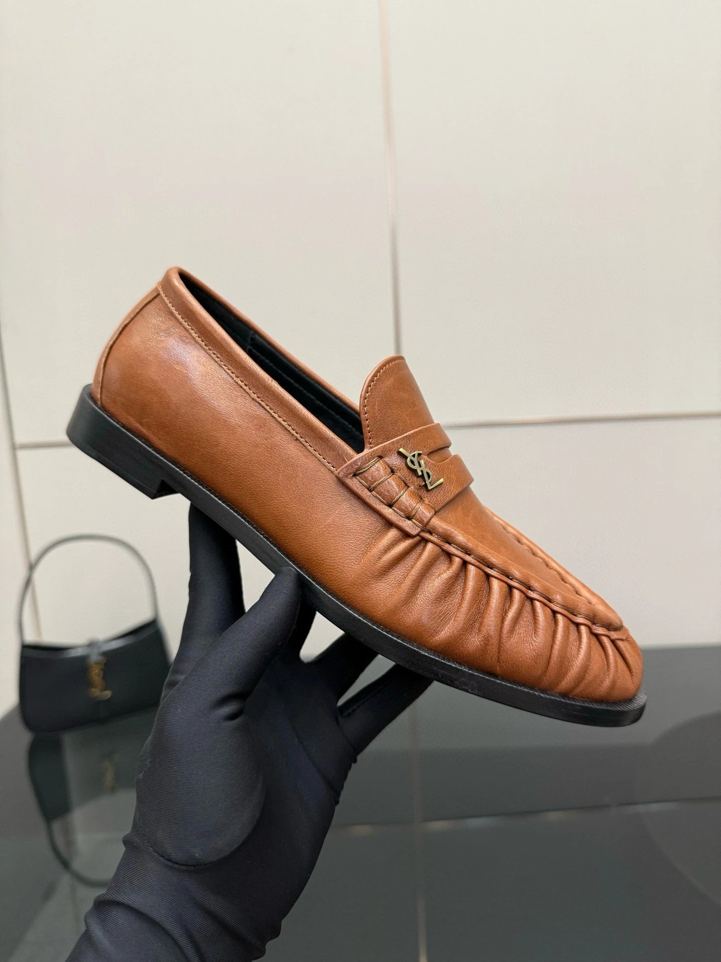Saint Laurent Leather Shoes YSL Monogram Loafers — Caramel-colored cowhide