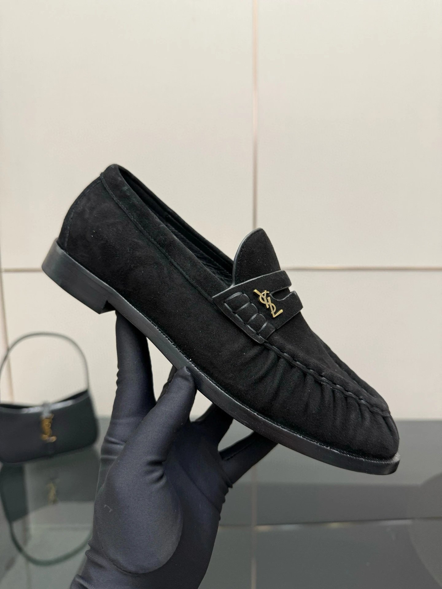 Saint Laurent Leather Shoes YSL Monogram Loafers — Black deerskin