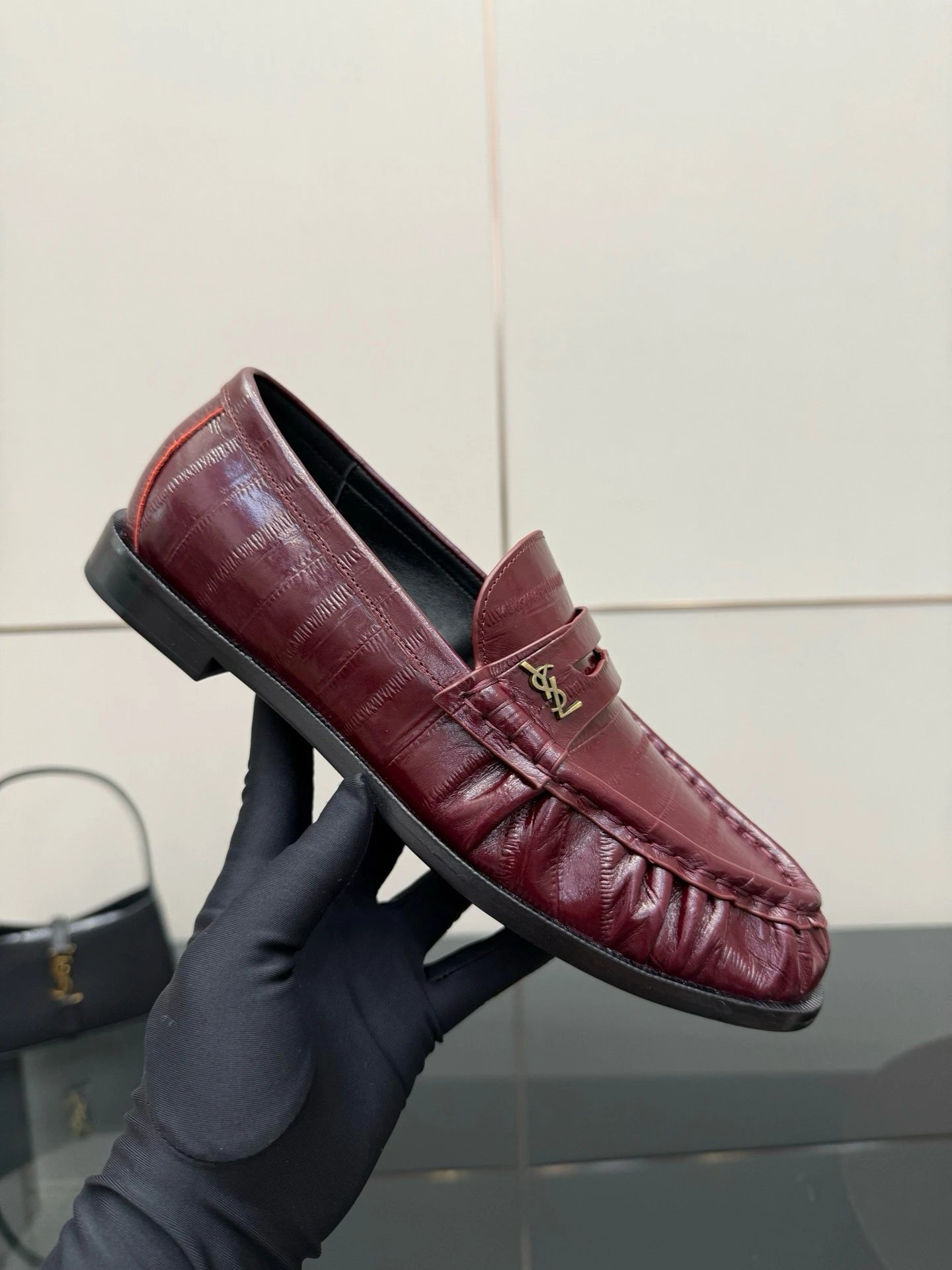 Saint Laurent Leather Shoes YSL Monogram Loafers — Burgundy cowhide eel-patterned leather