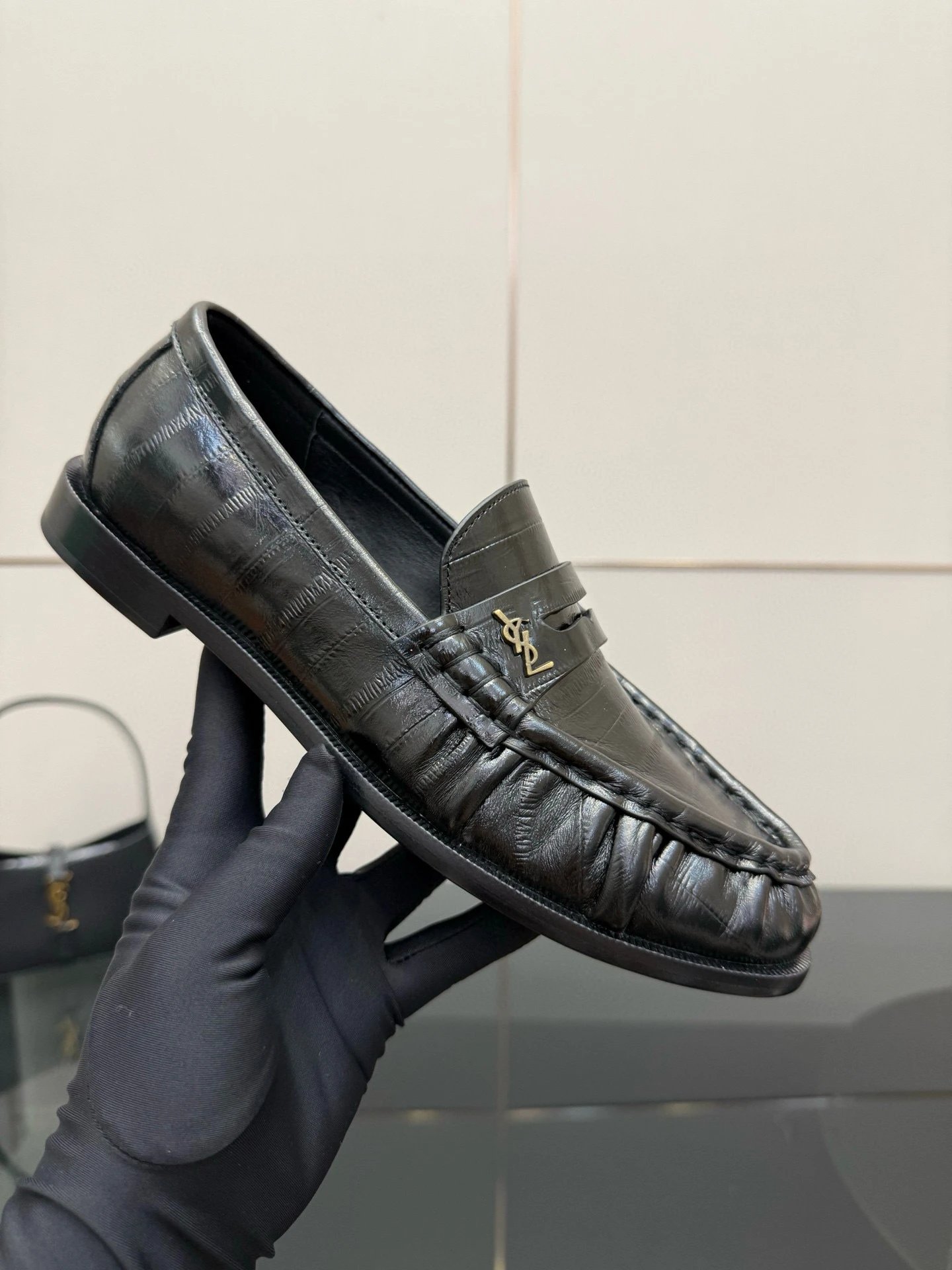 Saint Laurent Leather Shoes YSL Monogram Loafers — Black cowhide eel-patterned leather