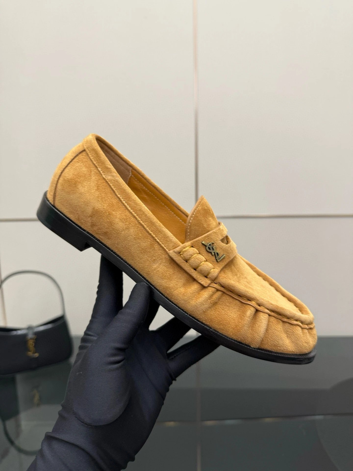 Saint Laurent Leather Shoes YSL Monogram Loafers — Yellow bark