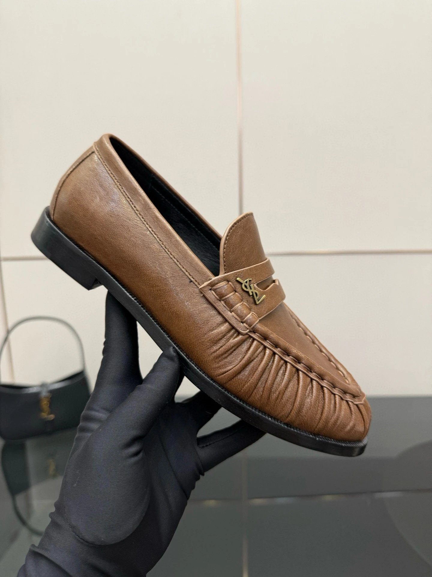 Saint Laurent Leather Shoes YSL Monogram Loafers — Brown butter leather