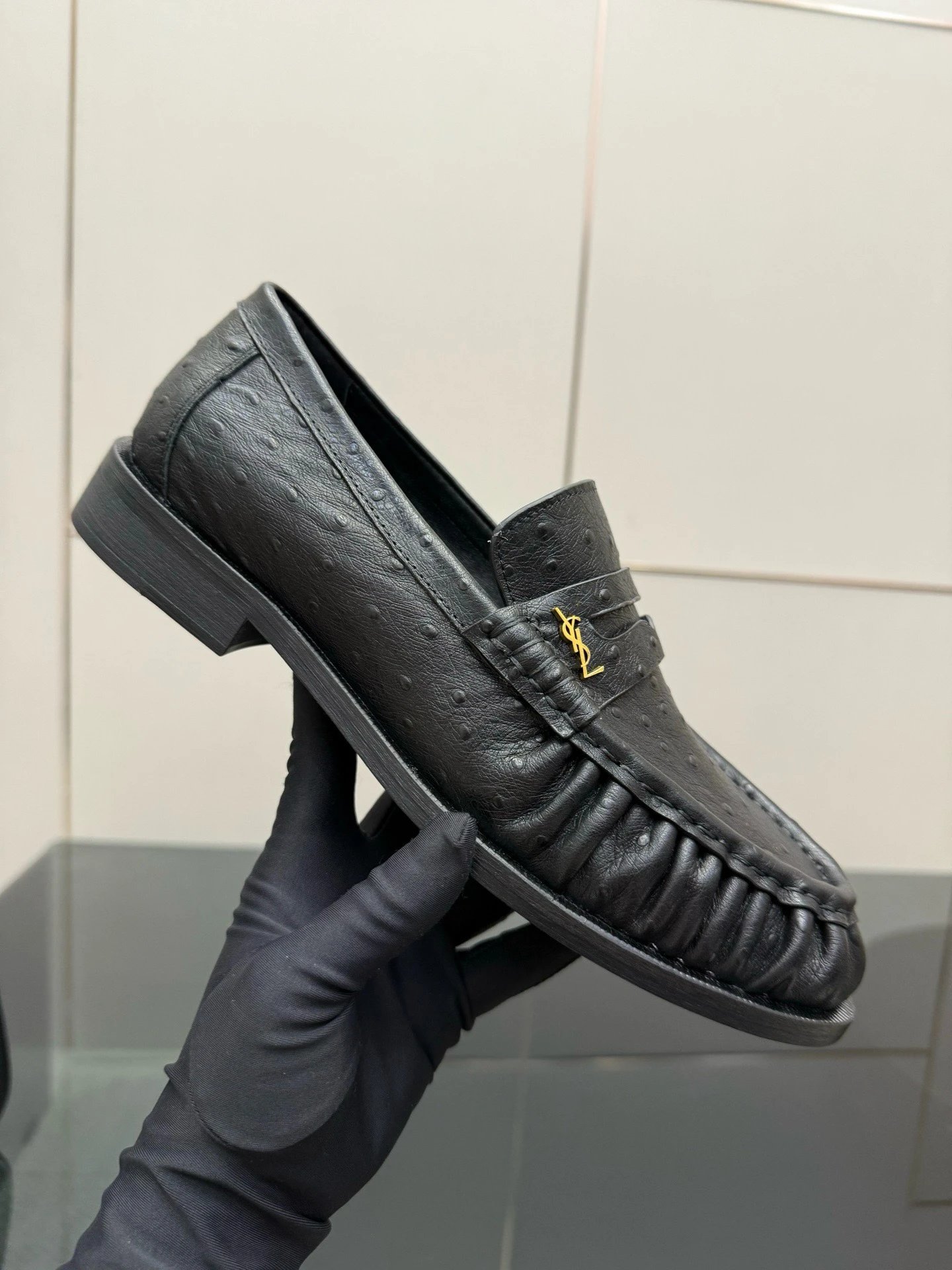 Saint Laurent Leather Shoes YSL Monogram Loafers — Black alligator leather