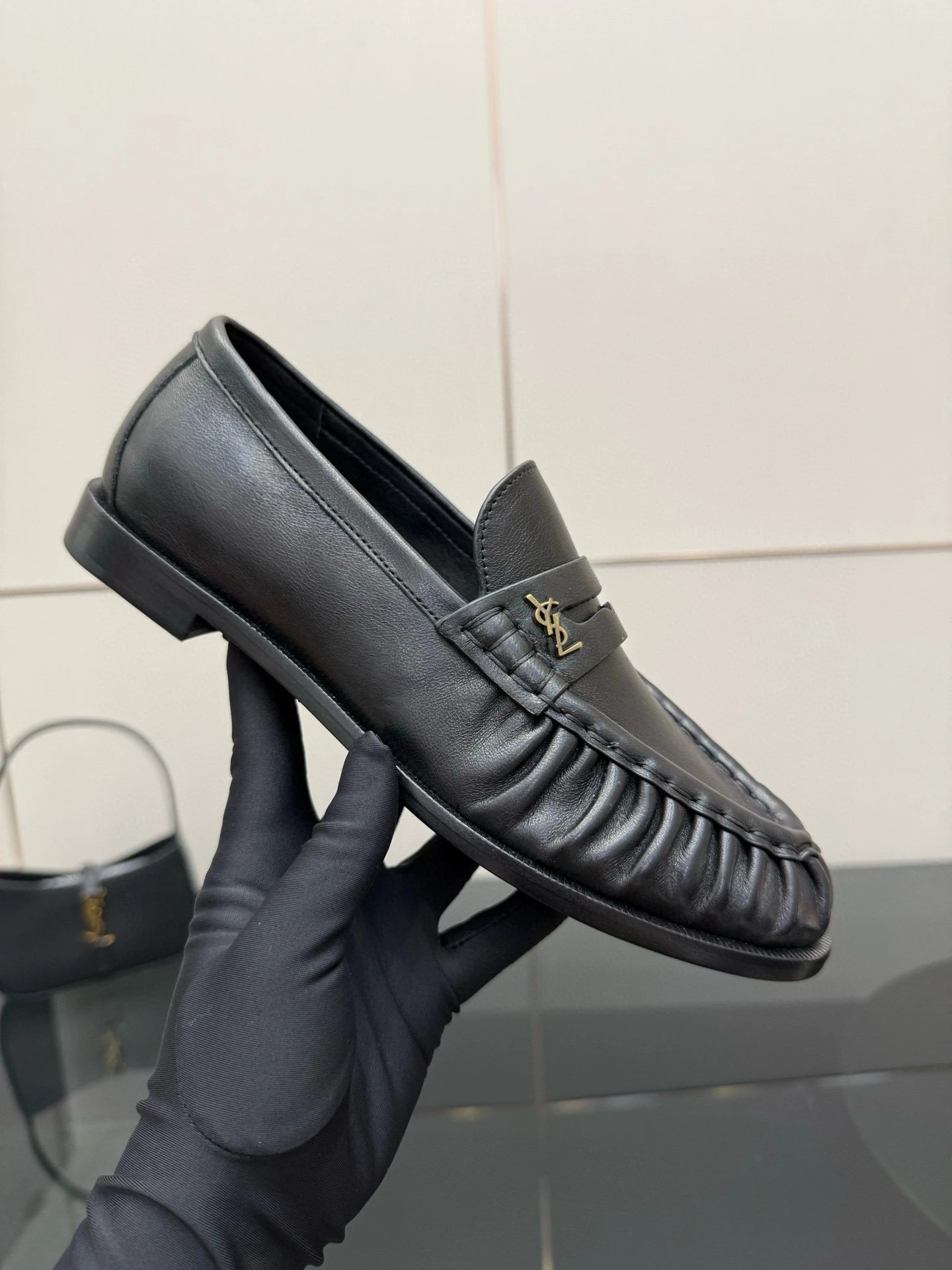 Saint Laurent Leather Shoes YSL Monogram Loafers — Black cowhide leather