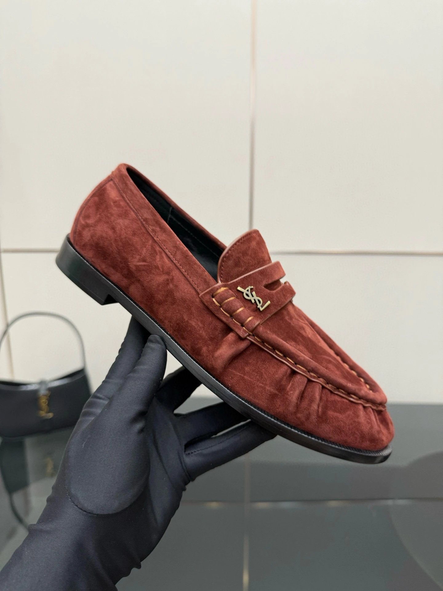 Saint Laurent Leather Shoes YSL Monogram Loafers — Brownish-red rind