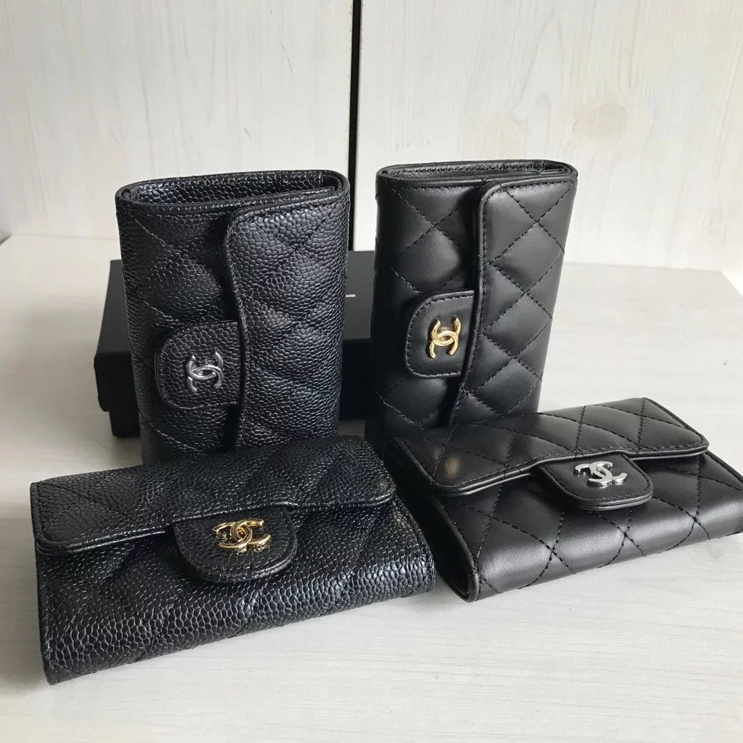 Luxury New Chanel Style Quilted Lambskin Caviar Grain Calfskin CF Series Card Holder Short Wallet (Gold Hardware)(Silver Hardware)