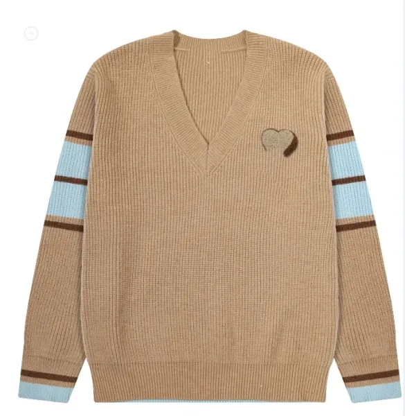 Design Heart-Embroidered V-Neck Sweater Beige with Blue-Brown Striped Sleeves - 1