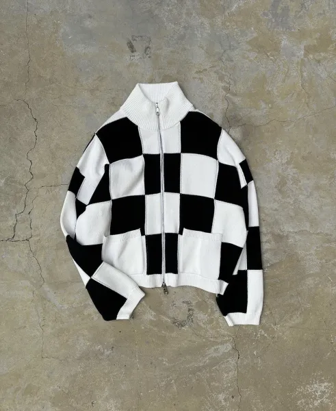 Checkerboard Knit Zip-Up Cardigan Black and White - 1
