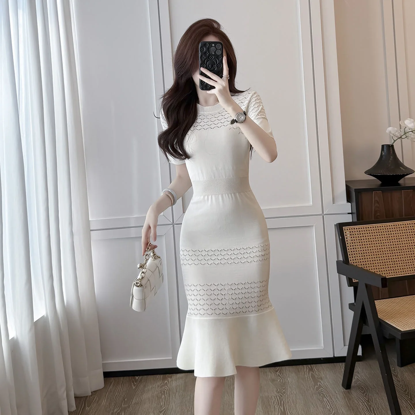Summer style round neck short-sleeved hollow ice silk knitted dress for women with small fragrant waist and mid-length fishtail skirt