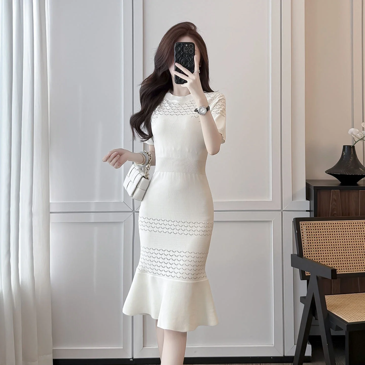 Summer style round neck short-sleeved hollow ice silk knitted dress for women with small fragrant waist and mid-length fishtail skirt