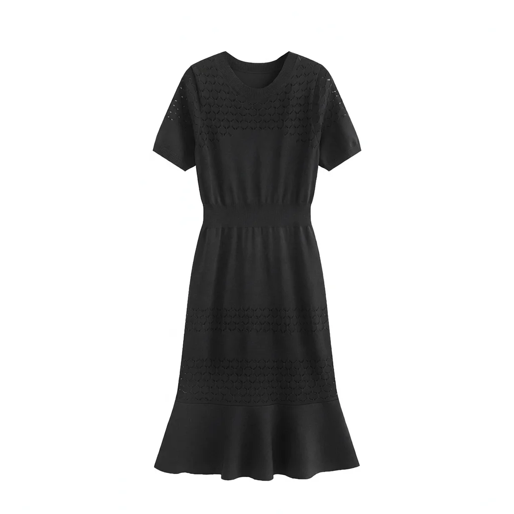 Summer new style socialite Xiaoxiangfeng ice silk dress women's summer temperament high-end hollow high-waisted thin short-sleeved knitted fishtail skirt