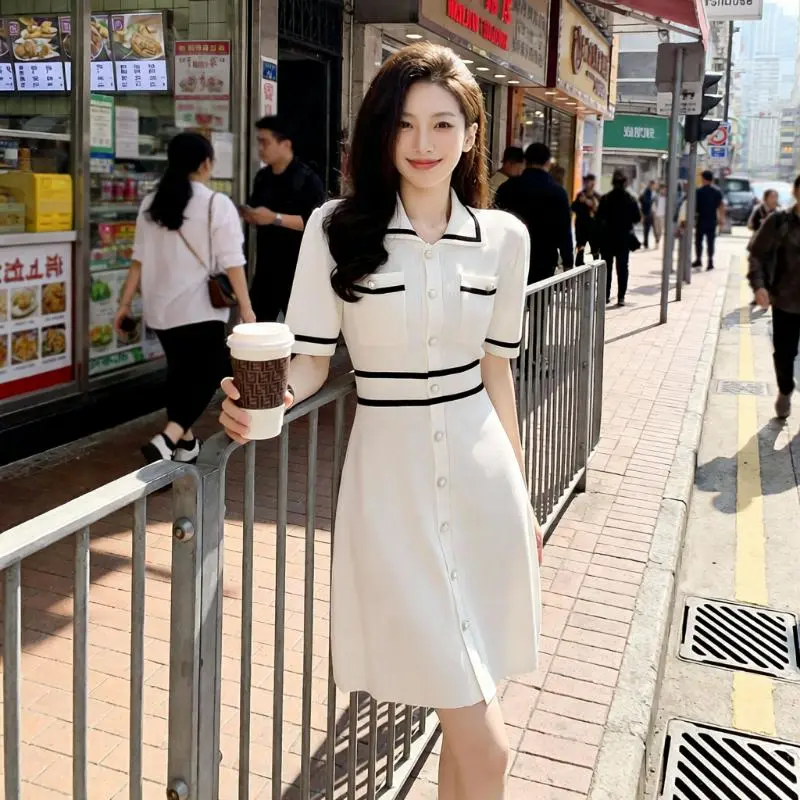 Summer new temperament white lapel short-sleeved slim high-waisted A-line skirt small fragrant ice silk knitted dress for women