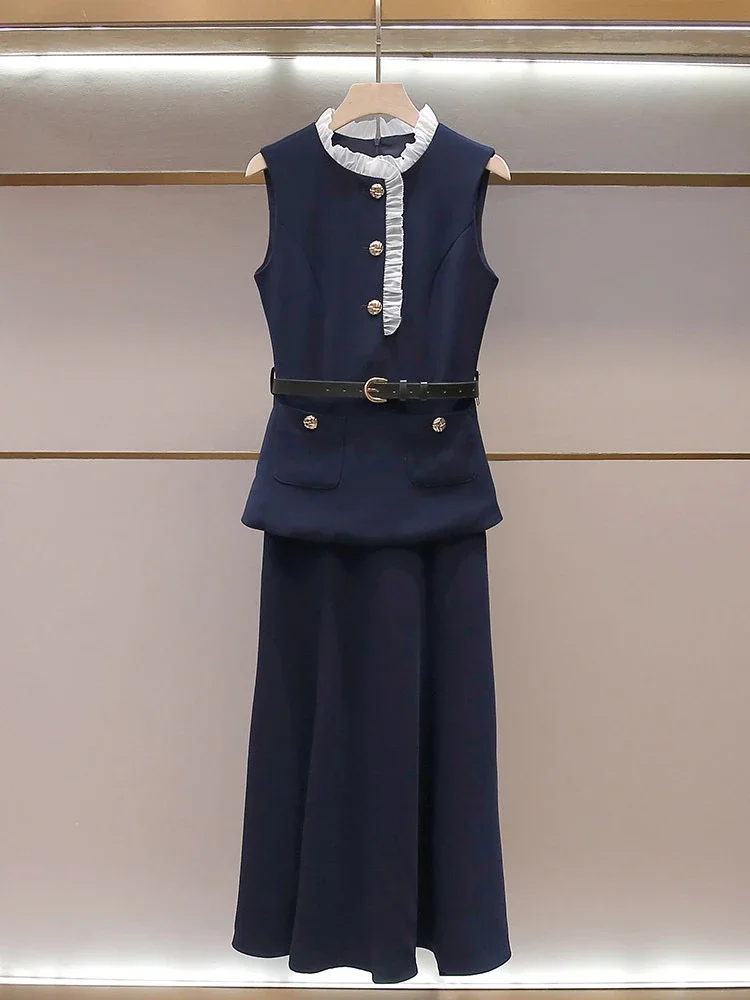 SP's new summer style French rich lady's pleated stand-up collar vest fake two-piece long waist dress for women