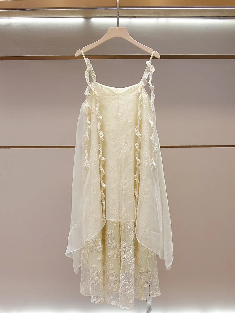 Summer new romantic French elegant lace splicing backless suspender dress