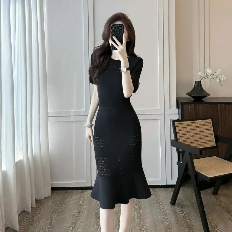 Summer new style socialite Xiaoxiangfeng ice silk dress women's summer temperament high-end hollow h