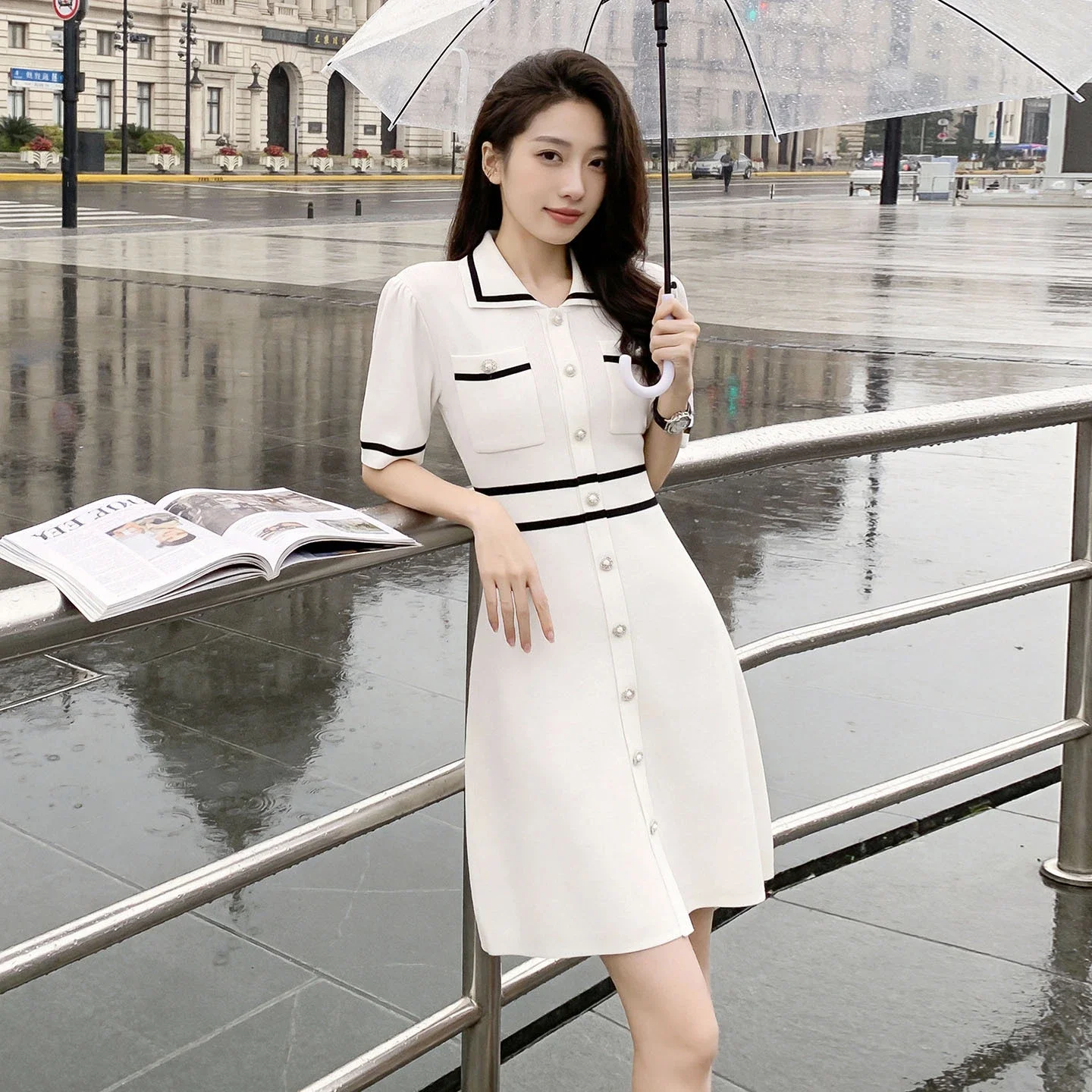 Summer new temperament white lapel short-sleeved slim high-waisted A-line skirt small fragrant ice silk knitted dress for women