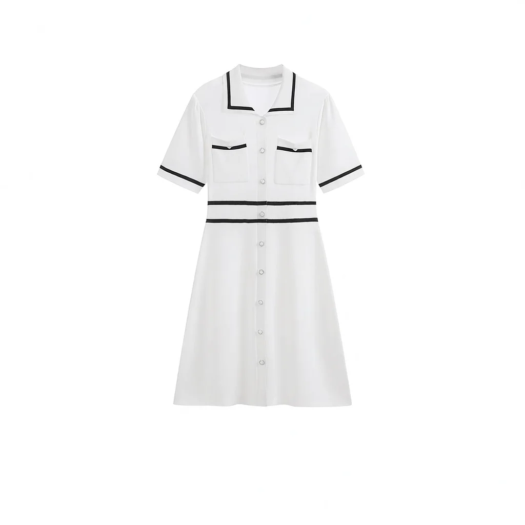 Summer new temperament white lapel short-sleeved slim high-waisted A-line skirt small fragrant ice silk knitted dress for women