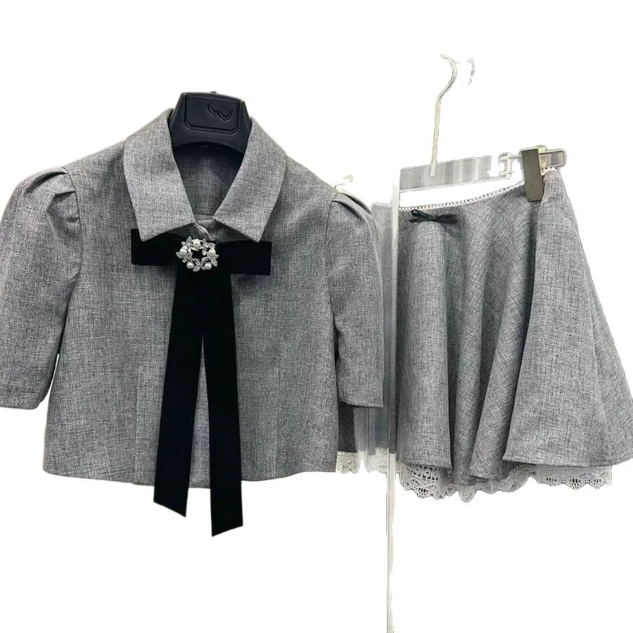 Gray tone ladylike style bow suit for women summer puff sleeve short top high waist lace skirt