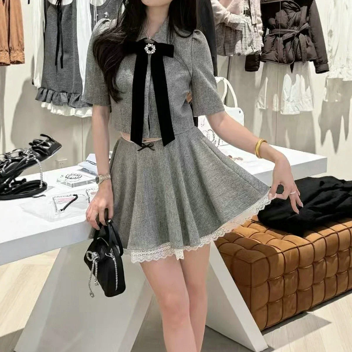 Gray tone ladylike style bow suit for women summer puff sleeve short top high waist lace skirt