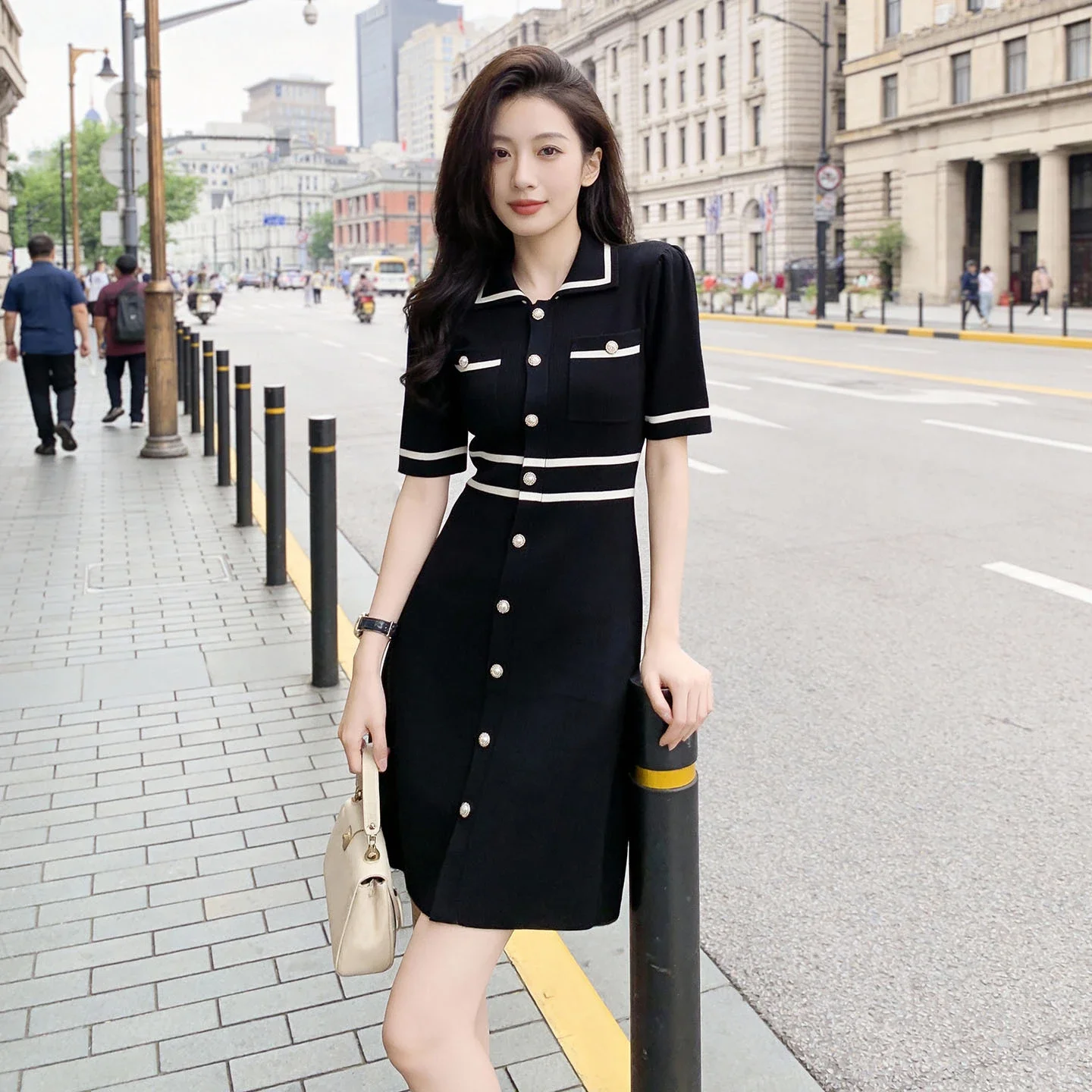 Summer new French style fashionable little fragrance style splicing ice silk ice hemp atmospheric dress