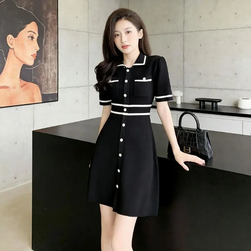Summer new French style fashionable little fragrance style splicing ice silk ice hemp atmospheric dress